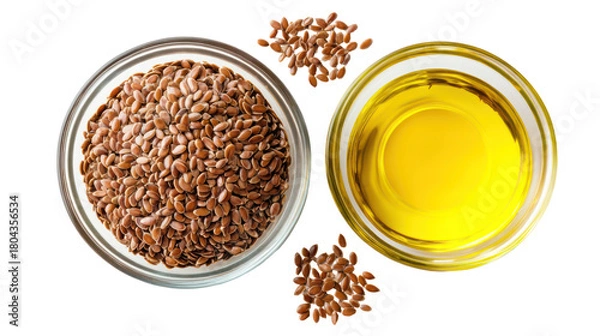 Obraz Flax seeds and flaxseed oil in bowls isolated on transparent background