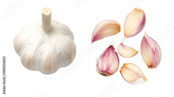 Obraz Whole garlic bulb and cloves isolated on transparent background