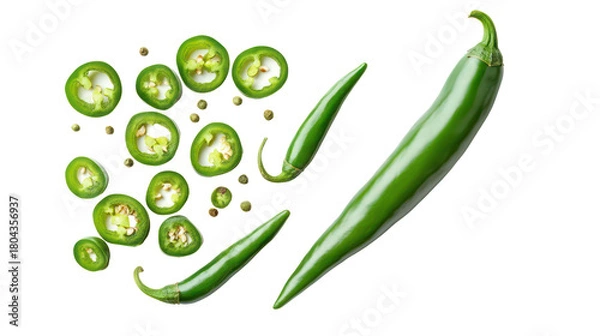Obraz Fresh green jalapeno peppers sliced and whole isolated on transparent background