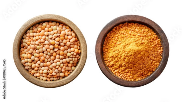 Obraz Two wooden bowls filled with lentils isolated on transparent background