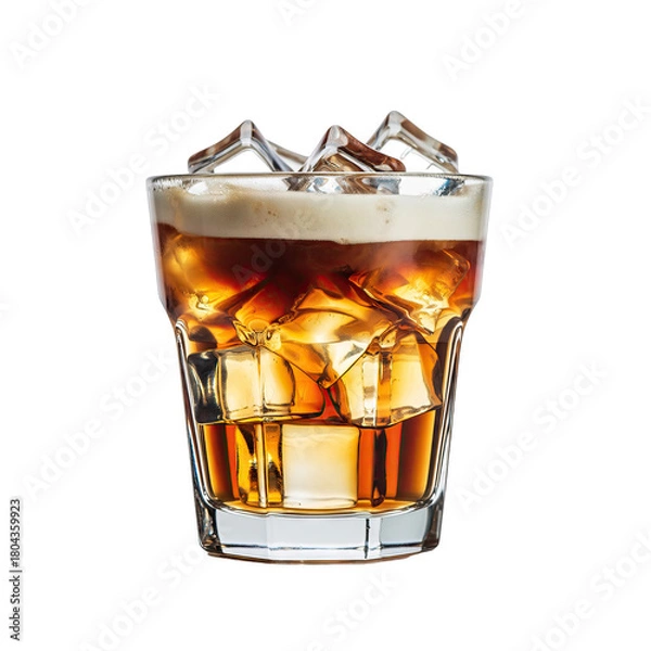 Fototapeta Refreshing iced cola beverage with frothy head and amber liquid in a clear glass filled with ice cubes isolated on a black background studio shot