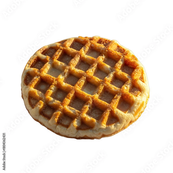 Fototapeta Round golden brown waffle with a grid pattern bathed in warm sunlight casting a soft shadow isolated on a black background