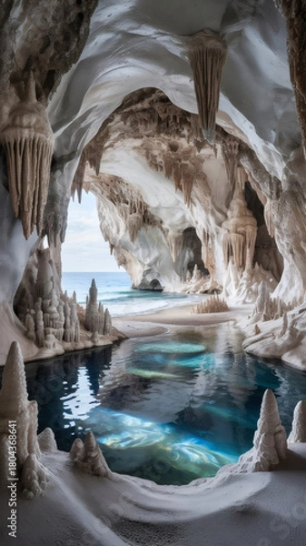 Fototapeta Hyper-realistic fantasy cave interior featuring glowing lake reflections and dramatic stalactites. Atmospheric, detailed environment ideal for concept art and digital backgrounds.