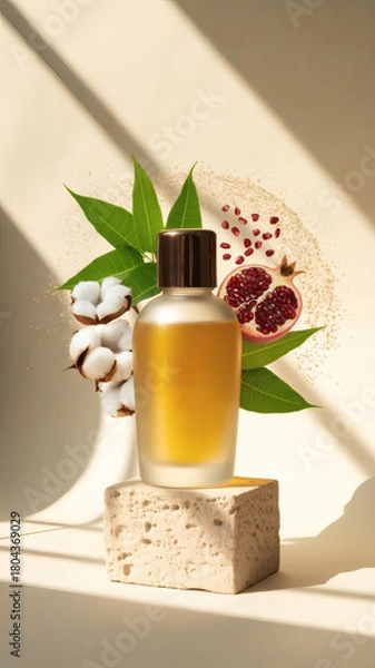 Obraz Frosted glass bottle filled with orange-colored serum, captured in clean studio lighting. Minimal, fresh, and modern skincare product presentation ideal for cosmetic branding.