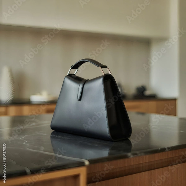 Fototapeta Sleek black leather bag photographed on a smooth marble surface with clean studio lighting. Minimal, elegant product composition for fashion or luxury branding.
