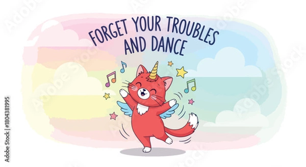 Fototapeta Cute Red Cat Unicorn Dancing with Wings and Music Notes.