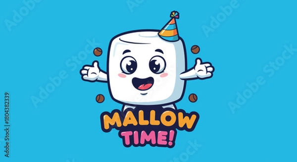 Fototapeta Cute Marshmallow Character Celebrating with Party Hat and Text Mallow Time.
