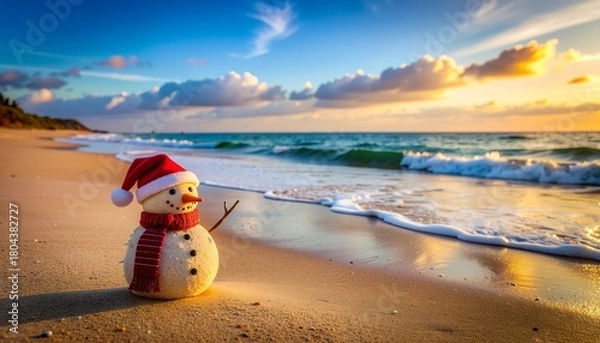 Fototapeta Sandy snowman enjoys a tropical Christmas vacation, standing on a warm beach as the sun sets over the ocean, embracing unique holiday cheer and a delightful paradox of seasons