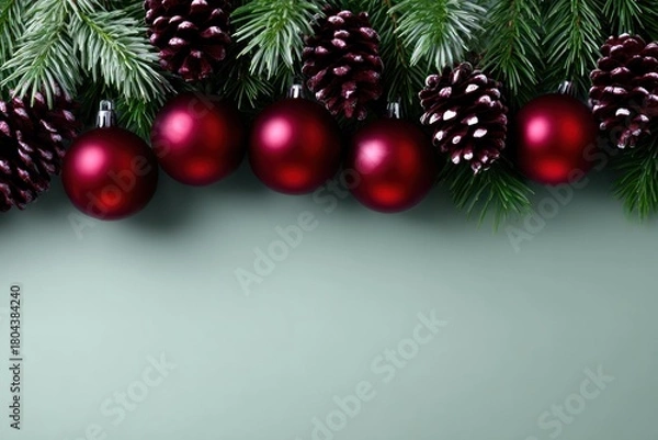 Fototapeta Christmas Ornament Arrangement: A festive display of vibrant red ornaments and textured pine cones nestles amidst verdant evergreen boughs, set against a calm backdrop.
