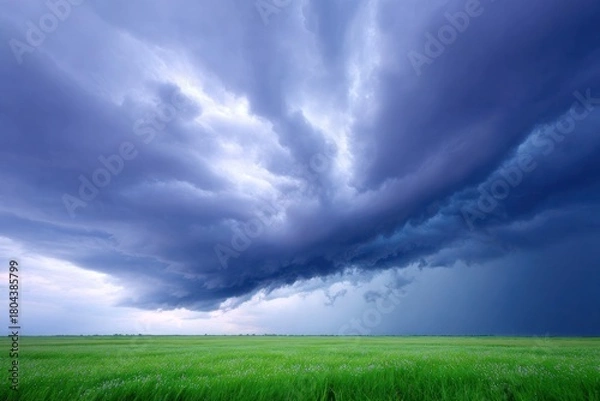 Fototapeta Stormy Sky Over Green Field: Dramatic clouds dominate the sky over a lush green field. The scene evokes a sense of anticipation and the raw power of nature. 