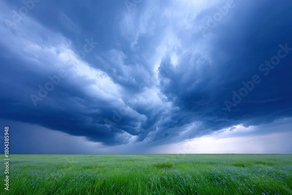 Fototapeta Storm Brewing: A dramatic landscape featuring a vibrant green field under a churning, dramatic, stormy sky, capturing the raw power of nature.
