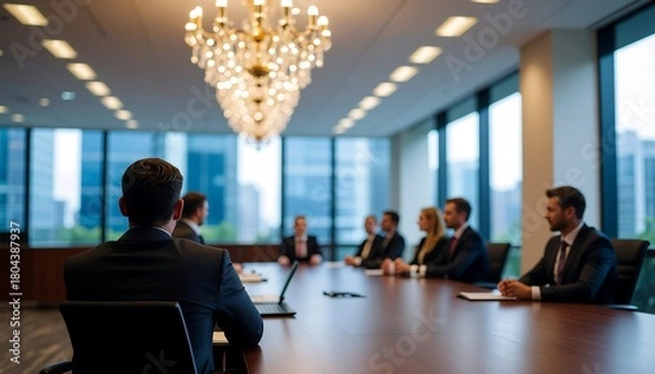 Fototapeta Business Meeting in a Modern Boardroom with Colleagues Discussing Strategy Around a Large Table