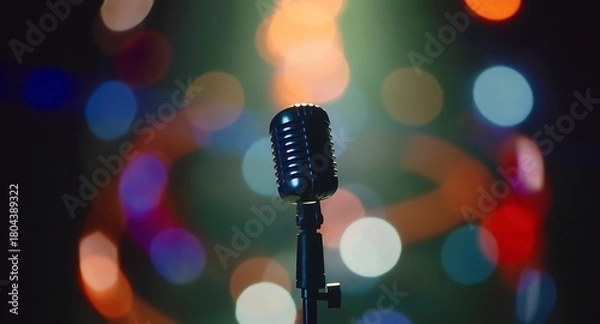 Fototapeta Vintage Microphone with Bokeh Lights Nostalgia and Modern Ambiance