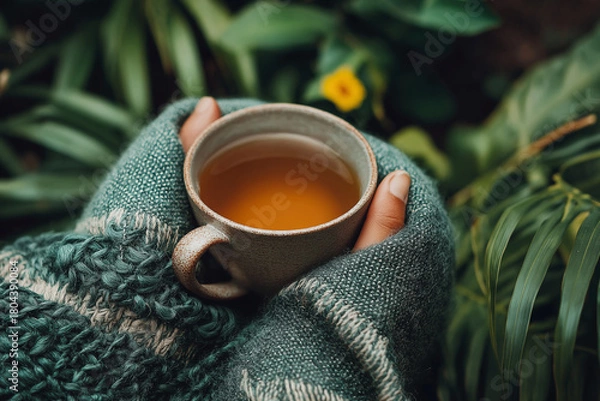 Obraz Person holding herbal tea cup while wrapped in a cozy throw