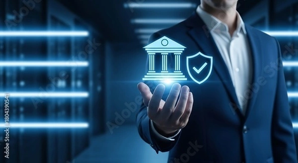 Fototapeta Businessman holding glowing bank and shield icon representing financial security