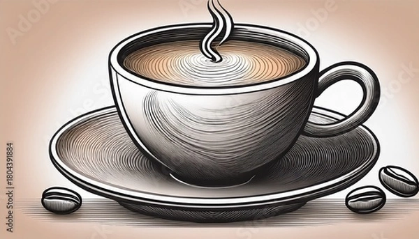 Obraz coffee cup drawing with a coffee bean and an elegant curved line