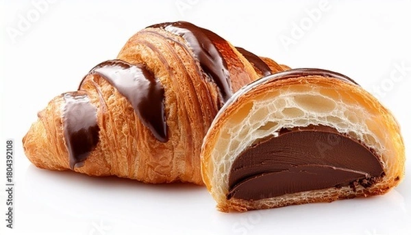 Obraz chocolate filled croissants with one cut showing dark chocolate filling isolated on white background