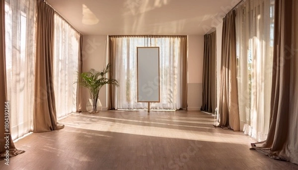 Obraz minimalist sunlit room with square mirror and sheer curtains