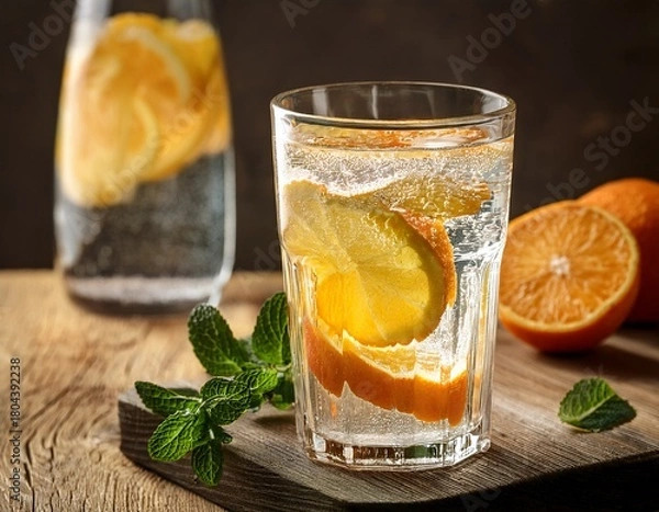 Obraz sparkling citrus water in glass on rustic background
