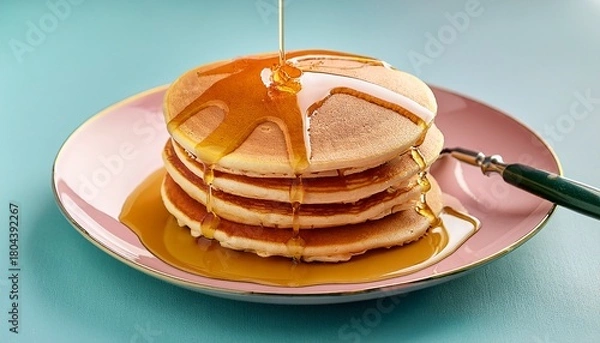 Obraz golden pancakes stack with syrup drizzle on pastel plate