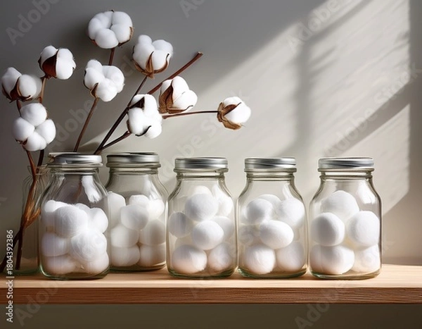 Obraz white cotton rounds in glass jars on shelf