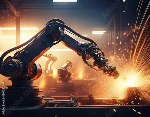 Obraz robotics automation technology industry engineering machinery innovation futuristic artificial intelligence mechanical robotic arm silhouette glowing sparks factory precision control a