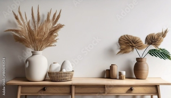 Obraz scandinavian calm interior design with wooden console table