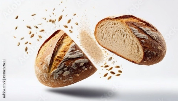 Obraz two halves of round crusty bread loaf flying in mid air with crumbs and seeds isolated on white background conceptual food photography bakery and bread explosion concept design for banner poster