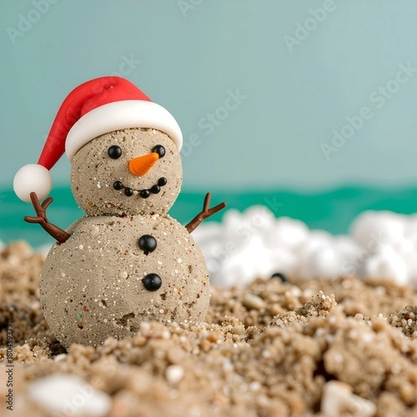 Fototapeta Festive Fun Crafting a Sandy Snowman on the Beach for Christmas Cheer