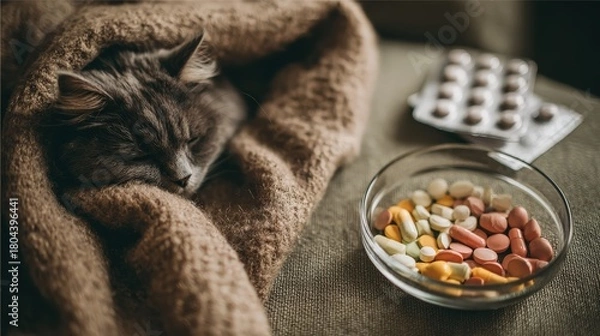 Obraz Domestic feline rests comfortably while various medicinal tablets are displayed nearby