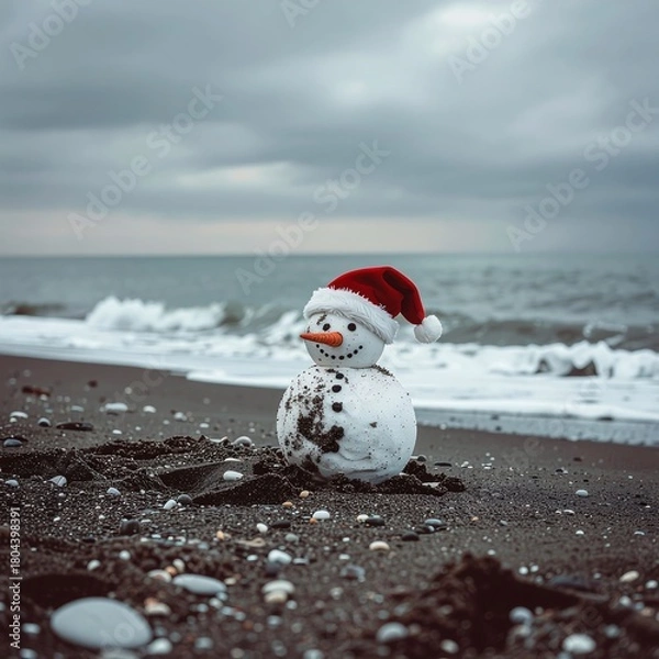 Fototapeta A cheerful sandy snowman, wearing a bright red Santa hat, stands on a dark pebble beach, overlooking ocean waves under a cloudy sky, creating a unique winter holiday scene