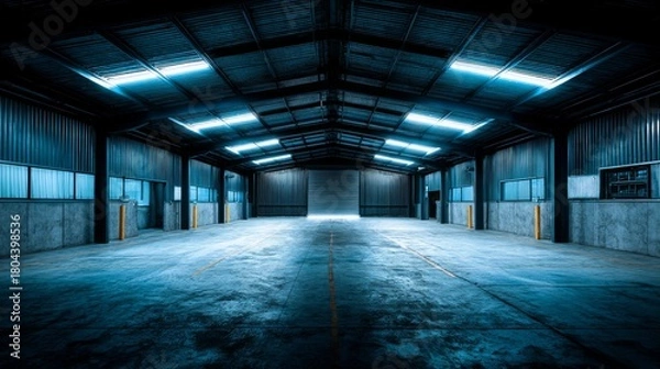 Fototapeta Wide angle shot of an empty warehouse, perfect space for commercial use. Industrial interior features high ceilings, roller door and natural sunlight making it suitable for storage or distribution.