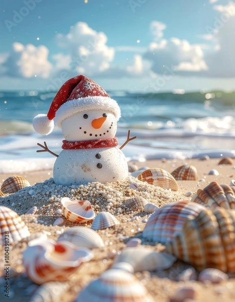 Fototapeta Sandy snowman enjoying a beach day with seashells, a unique and festive Christmas scene