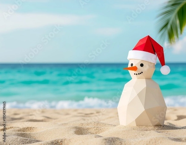 Fototapeta Sandy snowman enjoying the beach A cheerful paper sculpture with a Santa hat on a tropical shore