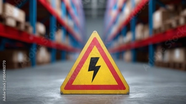 Fototapeta Yellow warning sign about energy storage batteries risk of explosion in warehouse. Sign has triangle shape with exclamation mark, red explosion symbol. Warehouse has blue, red shelves with gray floor.