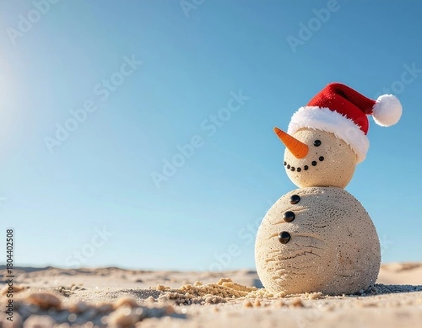 Fototapeta Celebrate the unexpected with a charming sandy snowman gracing a sun-drenched beach, bringing warm holiday cheer to a delightful coastal escape