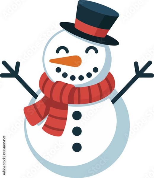 Fototapeta Cute cartoon snowman character wearing a top hat and red scarf. Happy winter Christmas figure, flat vector illustration isolated for holiday greeting card design