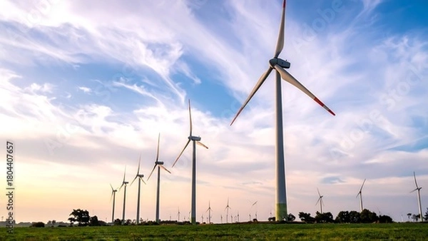 Fototapeta Wind turbines standing in a green field under a dramatic sky, generating renewable energy.