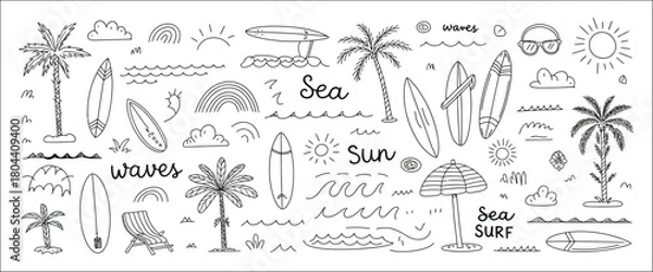 Obraz Cute hand-drawn surf and beach icon pack with tropical palm trees, ocean waves, surfboards, sunshine, and seashells — perfect for fun summer prints, posters, stickers, and creative seaside designs.