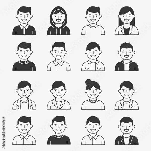 Fototapeta A collection of cartoon faces with different hairstyles and facial features.