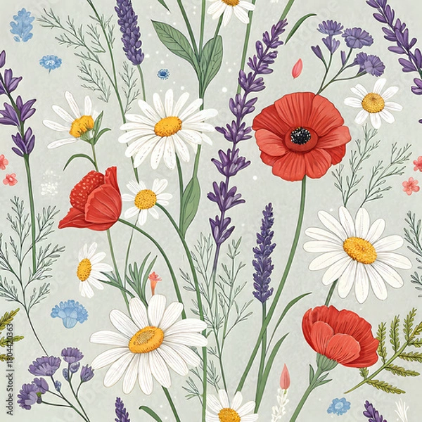Fototapeta seamless floral background, Colorful wildflower garden pattern with daisies, lavender, and poppies, seamless botanical