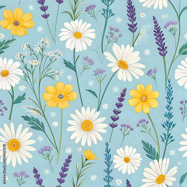 Fototapeta Colorful Wildflower Pattern Featuring Daisies, Lavender, and Buttercups on Light Blue