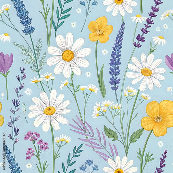 Fototapeta Colorful Wildflower Pattern Featuring Daisies, Lavender, and Buttercups on Light Blue