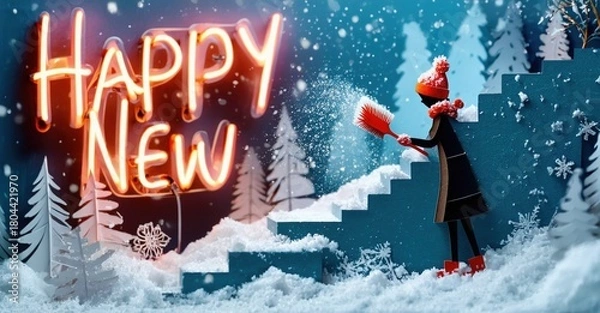 Fototapeta Winter scene depicts person clearing snow from steps. Bright neon sign displays Happy New message. Snowy landscape, festive mood.