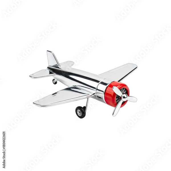 Obraz Shiny silver airplane with red nose and white propeller isolated on a black background studio shot macro photography with natural highlights