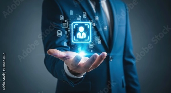 Fototapeta Businessman presents digital files and user profile data management with modern technology for business solutions innovation and productivity