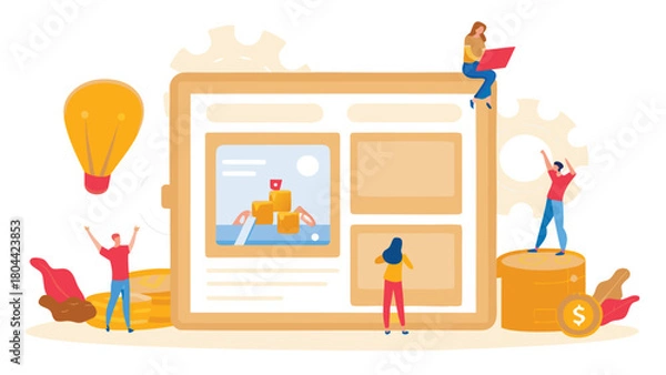 Obraz Modern giant tablet displaying a vibrant crowdfunding website interface with diverse project categories and funding progress bars perfect for finance and technology themes