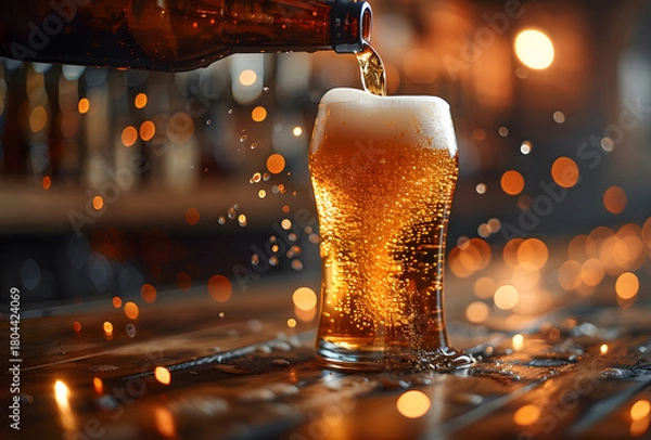 Obraz Pour beer from the bottle into the beer glass.