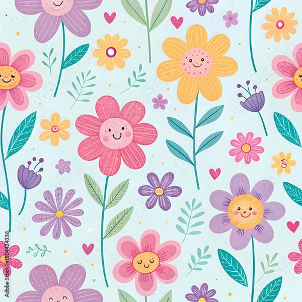 Obraz Cute Doodle Flower Pattern in Multicolor Crayon Style for Kids