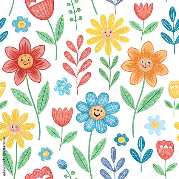 Fototapeta seamless floral pattern, Cute Doodle Flower Pattern in Multicolor Crayon Style for Kids